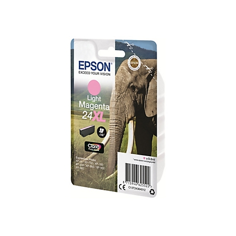 Verpackung einer Epson Tintenpatrone mit Aufdruck „Light Magenta 24 XL“. Im Hintergrund ist ein Elefant abgebildet.