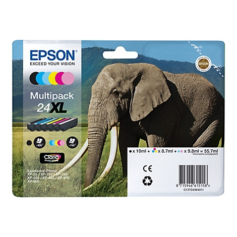Verpackung mit Tintenpatronen von Epson. Aufdrucke von Tintenpatronen und einem Elefanten.