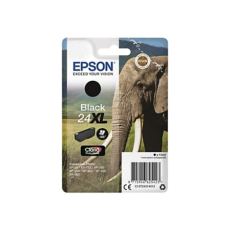 Cartouche d'encre Epson Black 24XL, avec une tÃªte d'Ã©lÃ©phant en arriÃ¨re-plan.