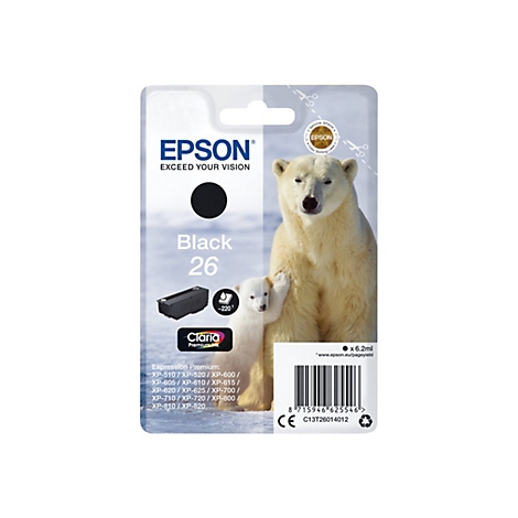 Epson-Tintenpatrone mit Eisbärenmotiv. Die schwarze Patrone mit Aufdruck "Black 26" ist auf einem weißen Hintergrund abgebildet, daneben ein Eisbär und sein Junges.