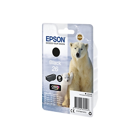 Tintenpatrone Epson Black 26 mit Eisbärenmotiv. Text: Black 26, Claria Premium Ink.