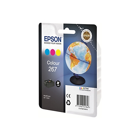 Cartouche d'encre Epson Colour 267, avec un motif de globe terrestre, sur fond blanc.