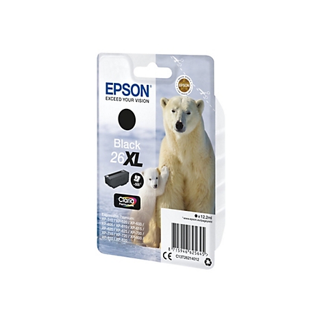 Tintenpatrone mit Eisbärenmotiv. Aufdruck: Epson, Black 26XL, Claria Premium Ink. Der Hintergrund zeigt eine Winterlandschaft.