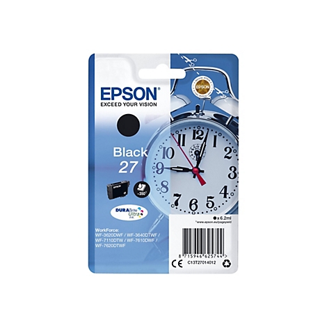 Eine Epson-Tintenpatrone mit dem Label "Black 27", umgeben von einem Wecker-Design, zeigt eine Uhrzeit von 9:49 Uhr an.