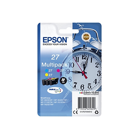 Emballage de cartouches d'encre multipack Epson avec un design d'horloge. Les couleurs d'encre sont noir, cyan et magenta.