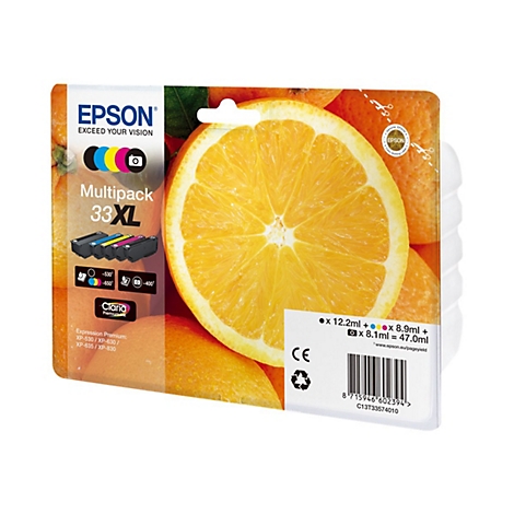 Epson Multipack 33 XL Tintenpatronen, orangefarbener Hintergrund mit Orangenscheibe.