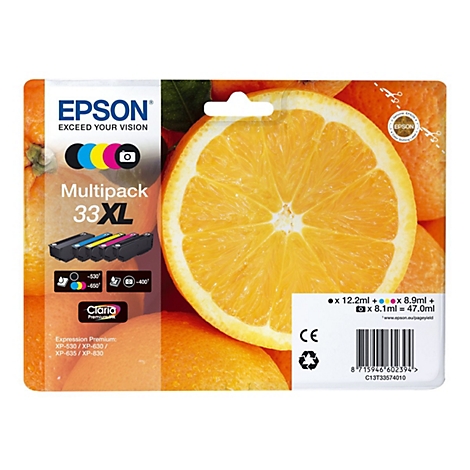 Packung Tintenpatronen von Epson mit Orangen-Hintergrund. Aufgedruckte SchriftzÃ¼ge: Epson, Multipack 33XL, Claria.
