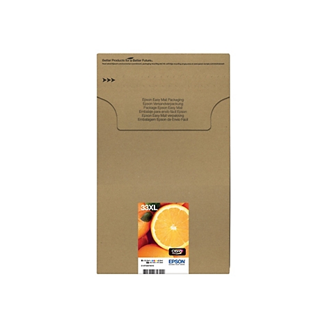 Eine braune Versandverpackung mit Text in mehreren Sprachen. Darunter befindet sich ein Bild von Orangen, der Text "33XL" und ein Epson-Logo.