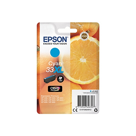 Cartouche d'encre cyan Epson sur un emballage avec des oranges en arriÃ¨re-plan.