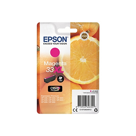 Une cartouche d'encre Epson Magenta 33 XL sur un fond d'oranges. L'emballage indique Epson, Magenta, Claria et plus d'informations.
