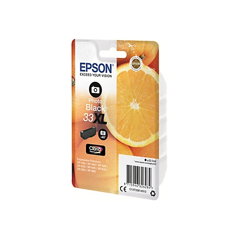 Une cartouche d'encre Epson, Photo Black 33 XL, sur fond d'oranges. Texte imprimÃ©.