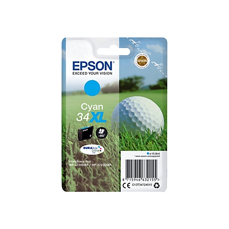 Cartouche d'encre Epson Cyan 34 XL. Emballage avec balle de golf et herbe. Image du produit.