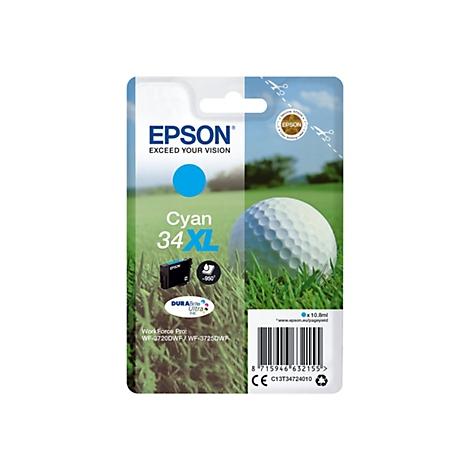 Emballage d'une cartouche d'encre cyan Epson avec motif de balle de golf et de prairie. Texte : Cyan 34XL, Epson, WorkForce Pro.