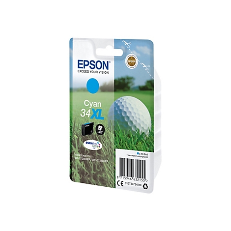 Une cartouche d'encre Epson. Cyan 34XL est Ã©crit sur l'emballage, et une balle de golf avec de l'herbe.