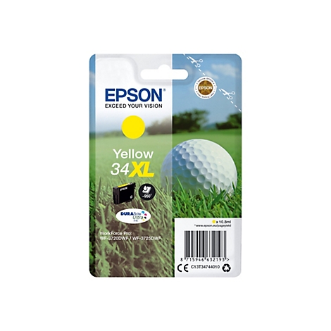 Cartouche d'encre jaune Epson sur fond de balle de golf. Inscription : Yellow 34XL.