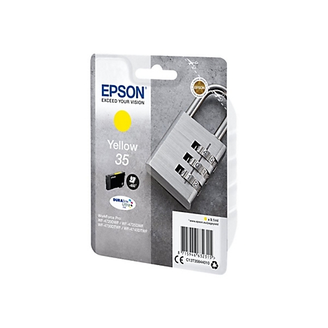 Gelbe Epson-Tintenpatrone, daneben ein silbernes VorhÃ¤ngeschloss.