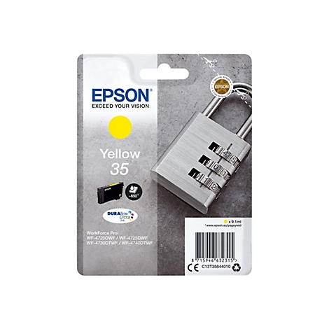 Epson-Tintenpatrone Gelb 35 mit grauem Hintergrund. Aufdruck 'Epson', gelbes Logo und gelbes Feld.