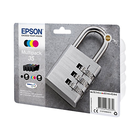 Cadenas Ã  combinaison sur un emballage de cartouche d'imprimante. La combinaison de chiffres 10112 est rÃ©glÃ©e sur le cadenas.