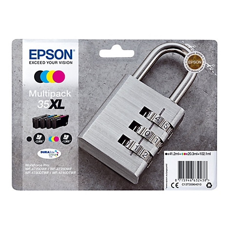 Un cadenas est posÃ© sur une surface grise. Une boÃ®te de cartouches d'encre Epson est Ã  gauche.