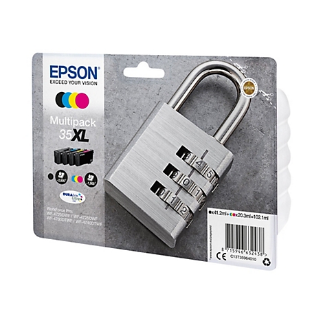 Cadenas Ã  combinaison avec cartouches d'encre. Epson Multipack 35XL. Fond gris.