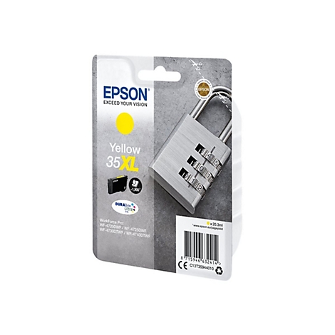 Une cartouche d'encre Epson Ã  cÃ´tÃ© d'un cadenas Ã  combinaison argentÃ©. Texte : Jaune 35 XL.