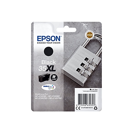 Epson Tintenpatrone Black 35XL, daneben ein silbernes Zahlenschloss. Auf der Patrone stehen Produktinfos.