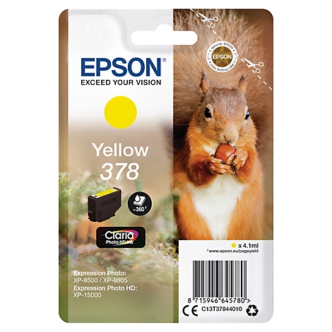 Gelbe Epson Tintenpatrone 378, mit einem Eichhörnchen, das eine Nuss hält.