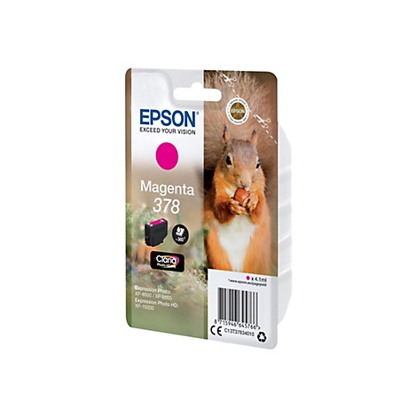 Packung einer Epson Tintenpatrone (Magenta 378), zeigt ein Eichhörnchen mit Nuss. Text: Epson, Exceed Your Vision, Claria Photo HD Ink.