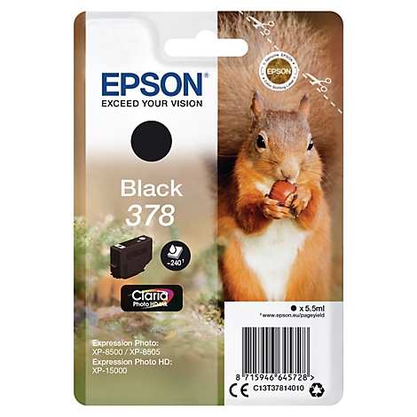 Epson Tintenpatrone, schwarz, mit Eichhörnchen, das eine Nuss hält.