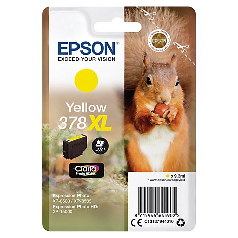 Epson Tintenpatrone, gelb, mit Eichhörnchen, das eine Nuss hält.