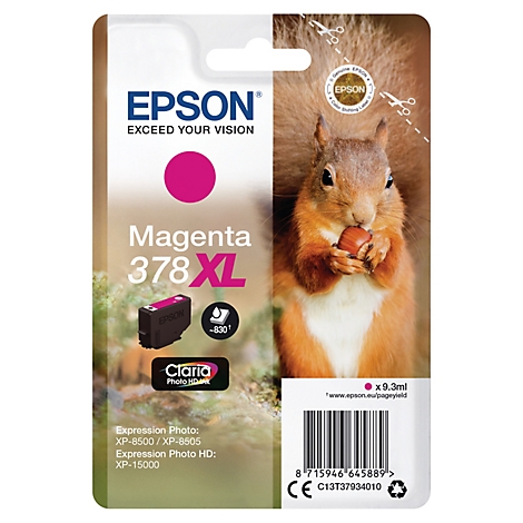 Magenta Tintenpatrone 378XL von Epson mit Eichhörnchen, das eine Nuss hält.