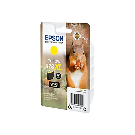 Cartouche d'encre jaune Epson avec motif Ã©cureuil. Nom du produit : Yellow 378 XL. Code-barres et autres informations sur le produit.
