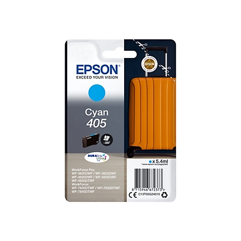 Verpackung einer Epson Cyan-Tintenpatrone. Auf der Verpackung befinden sich ein gelber Koffer, eine blaue Tintenpatrone und das Epson-Logo.