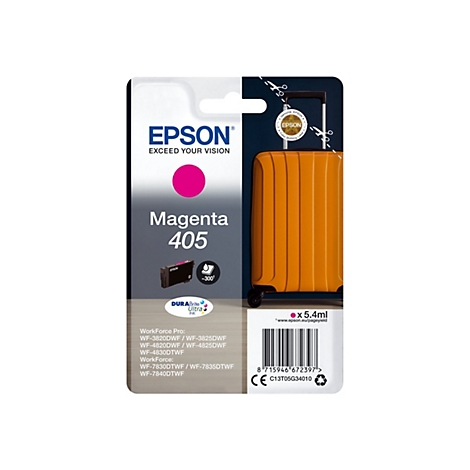 Verpackung einer Epson Magenta 405 Tintenpatrone, rechts daneben ein orangefarbener Koffer. Auf der Verpackung befinden sich der Markenname, der Farbname und weitere Produktdetails.