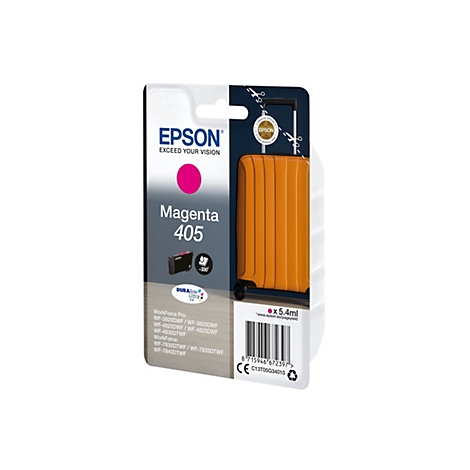 Packung einer Epson Tintenpatrone in Magenta. Auf der Verpackung steht „Magenta 405“ und eine Abbildung der Tintenpatrone.