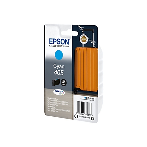 Verpackung einer Epson Cyan 405 Tintenpatrone, orangefarbener Koffer.