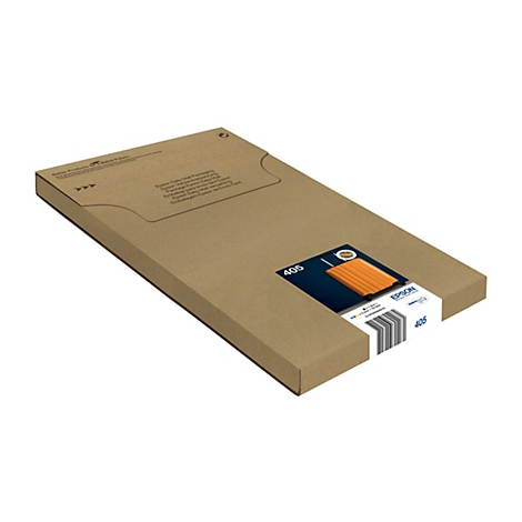 Brauner Karton mit Epson-Tintenpatrone, orangefarbene Tintenpatrone, schwarze Barcodes und Text auf dem Karton.