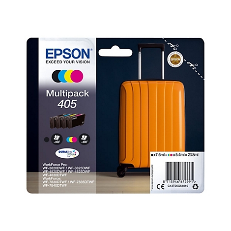 Une cartouche d'encre Epson multipack avec une illustration de chariot orange sur fond bleu foncÃ©.