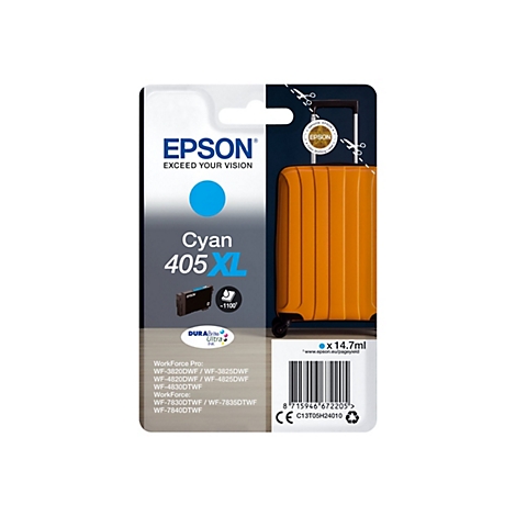 Blisterpack mit Epson Cyan 405 XL Tintenpatrone, daneben ein orangefarbener Koffer. Aufschrift: Epson, Exceed Your Vision.