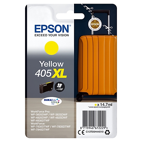 Gelbe Epson-Tintenpatrone XL 405 mit Produktbild auf Reisetasche. Text: Epson, Yellow, Durabrite Ultra Ink.