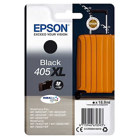 Epson Tintenpatrone 405 XL Schwarz. Mit einem Bild eines Koffers wird die Tintenpatrone in Szene gesetzt.