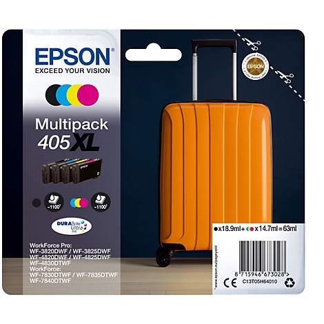 Produktverpackung mit Epson Druckerpatronen und einem Trolley in Orange. Die Verpackung zeigt das Epson-Logo, Produktbezeichnung, und Details.