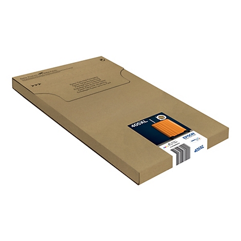 Brauner Karton mit einer Epson-Tintenpatrone, die als Koffer abgebildet ist. Auf dem Karton befinden sich Produktbeschriftungen.