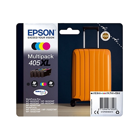 Emballage du produit des cartouches d'encre Epson 405XL. Ã€ droite, une valise orange comme indice d'application.