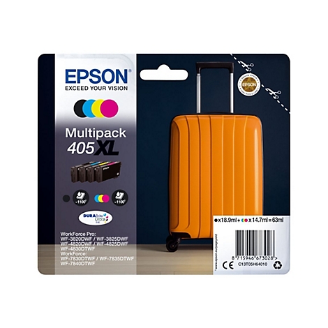 Emballage de produit avec des cartouches d'encre Epson et une valise orange.