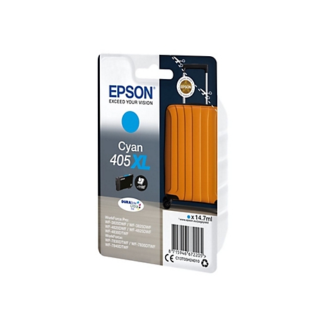 Emballage d'une cartouche d'encre Epson avec une valise orange. Des noms de produits tels que Cyan 405 XL sont imprimÃ©s.