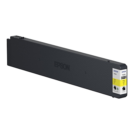 Schwarze Epson-Tintenpatrone. Aufdruck: Epson. Aufkleber mit gelbem Inhalt und der Bezeichnung T7904.