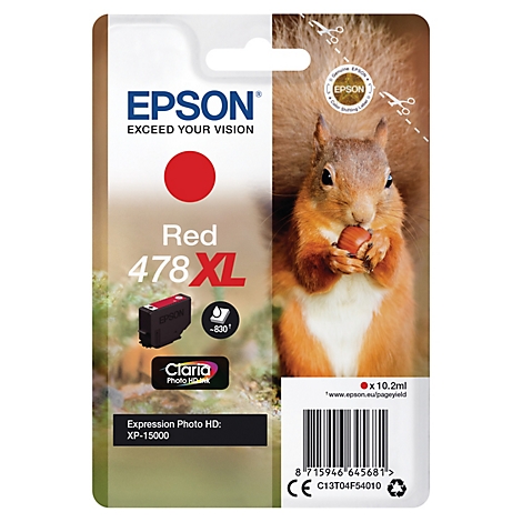 Epson Tintenpatrone rot, mit Eichhörnchen, das eine Nuss hält. Auf der Verpackung steht "478XL" und "Claria Photo HD Ink".