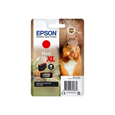 Verpackung einer Epson Tintenpatrone, im Hintergrund ein Eichhörnchen mit Nuss. Auf der Verpackung steht 'Red 478XL'.
