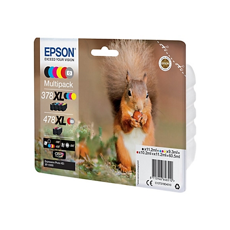 Epson Tintenpatronen-Verpackung, daneben ein Eichhörnchen mit Nuss im Maul.